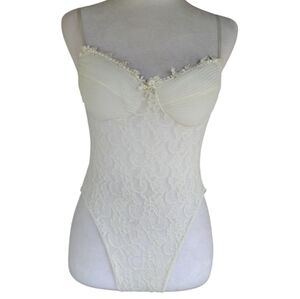 Vintage Off White Lace Nightie Teddy Bodysuit 100% Nylon Size Medium